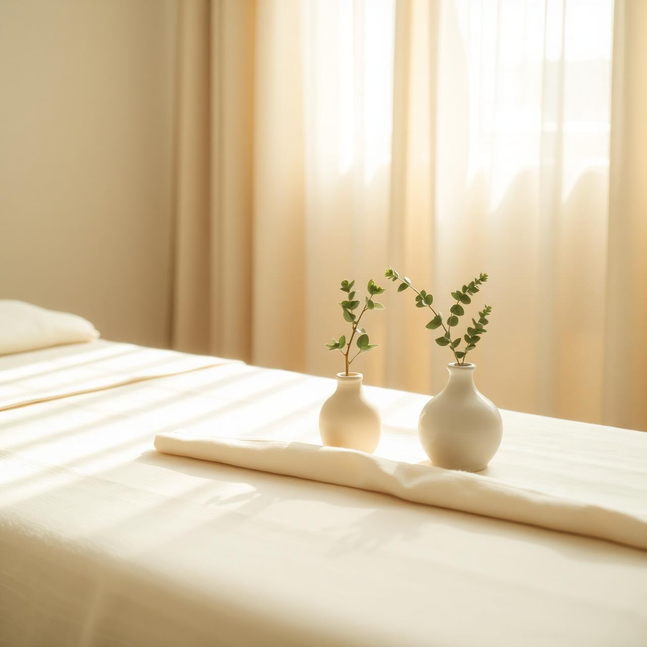 Calm therapy room with soft linens and eucalyptus